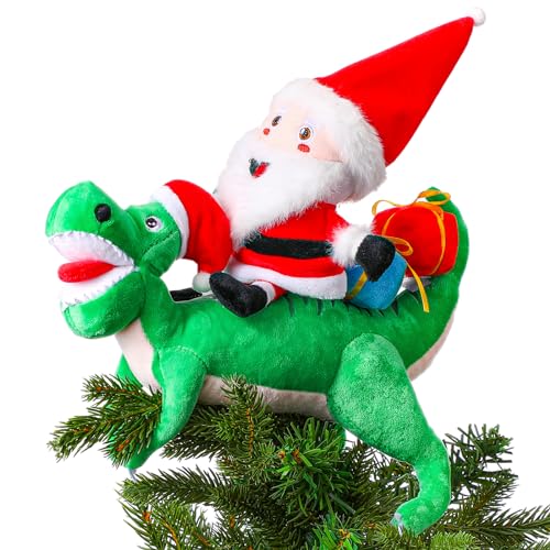 Meooeck Christmas Dinosaur Plush Tree Topper Santa Riding Dinosaur Hanging Tree Ornament for Kids 10 Inch Large Funny Christmas Topper Decor Curtain Tie Wine Bottle Decor for Holiday Party Favors
