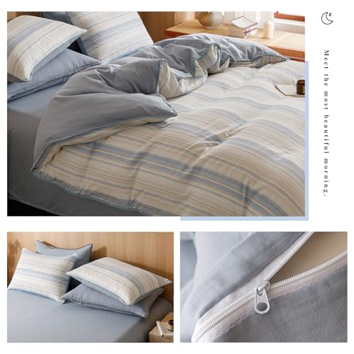 Image of VM VOUGEMARKET Blue White Stripes Duvet Cover King 100% Cotton Muslin Duvet Cover Embroidered Cozy Simple Modern Bedding Set for Men Women