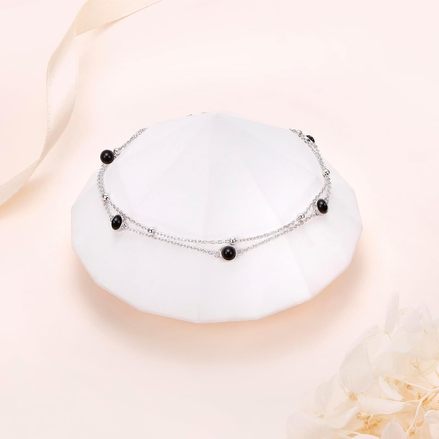 Flyow Anklet for Women S925 Sterling Silver Adjustable Foot Beaded Heart Charm Ankle Bracelet Anklets Jewelry - Image 6