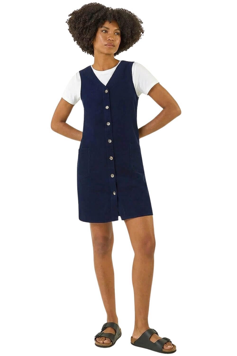 Roman Women's Navy Cotton V-Neck Button Pocket Dress In Size 20