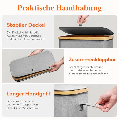 Lifewit 50L Wäschekorb Schmal mit Deckel, Faltbarer Wäschesammler Schmal mit Wäschesack, Laundry Basket Wäscheboxen aus Bambus mit Tragegriff für Apartment, Wohnheim und Wohnwagen,Hellgrau