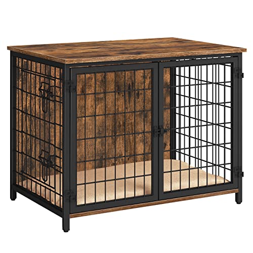 Mahancris Dog Crate Furniture With Cushion, Wooden Dog Crate Table, Furniture Style Dog Crate, Indoor Pet Crate With Double Doors, Dog Kennel For Small And Medium Dogs, Rustic Brown Dchr0701Z1 #TOP18