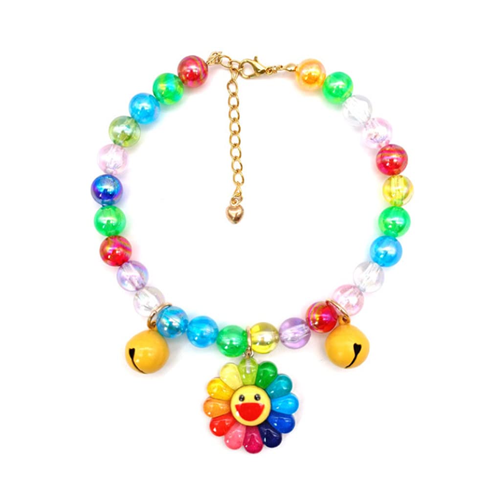 RayMinsino Pet Sun Flower Cat and Dog Pearl Necklace with Bell Adjustable Collar