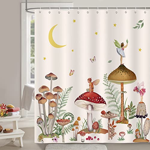 Bonhause Mushroom Shower Curtain Fairy Botanical Moon Stars Boho Bathroom Curtain 180 x 180 cm Waterproof Mildew & Mould Resistant Polyester Fabric Bath Curtain with 12 Hooks