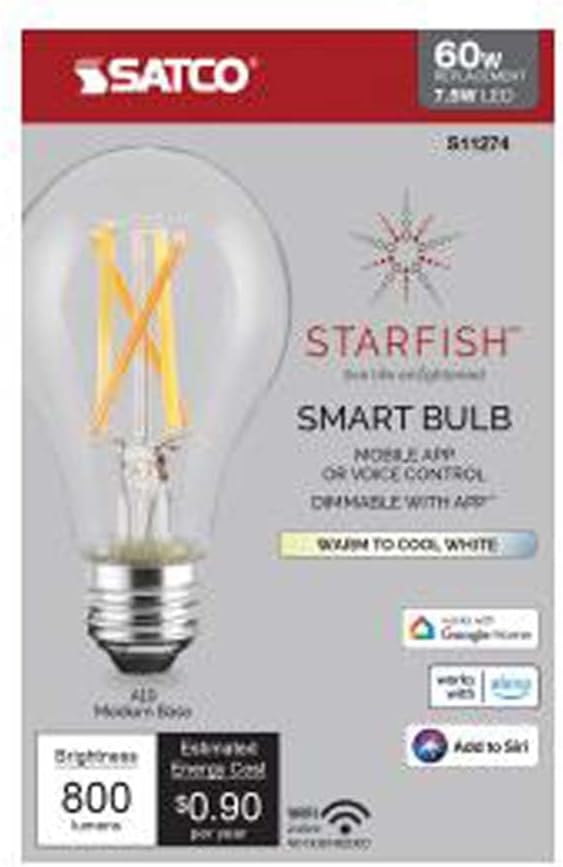 Satco S11274 Starfish WiFi-Control A19 LED Tunable White Smart Light Bulb, 7.5 Watts, 2200K-5000K