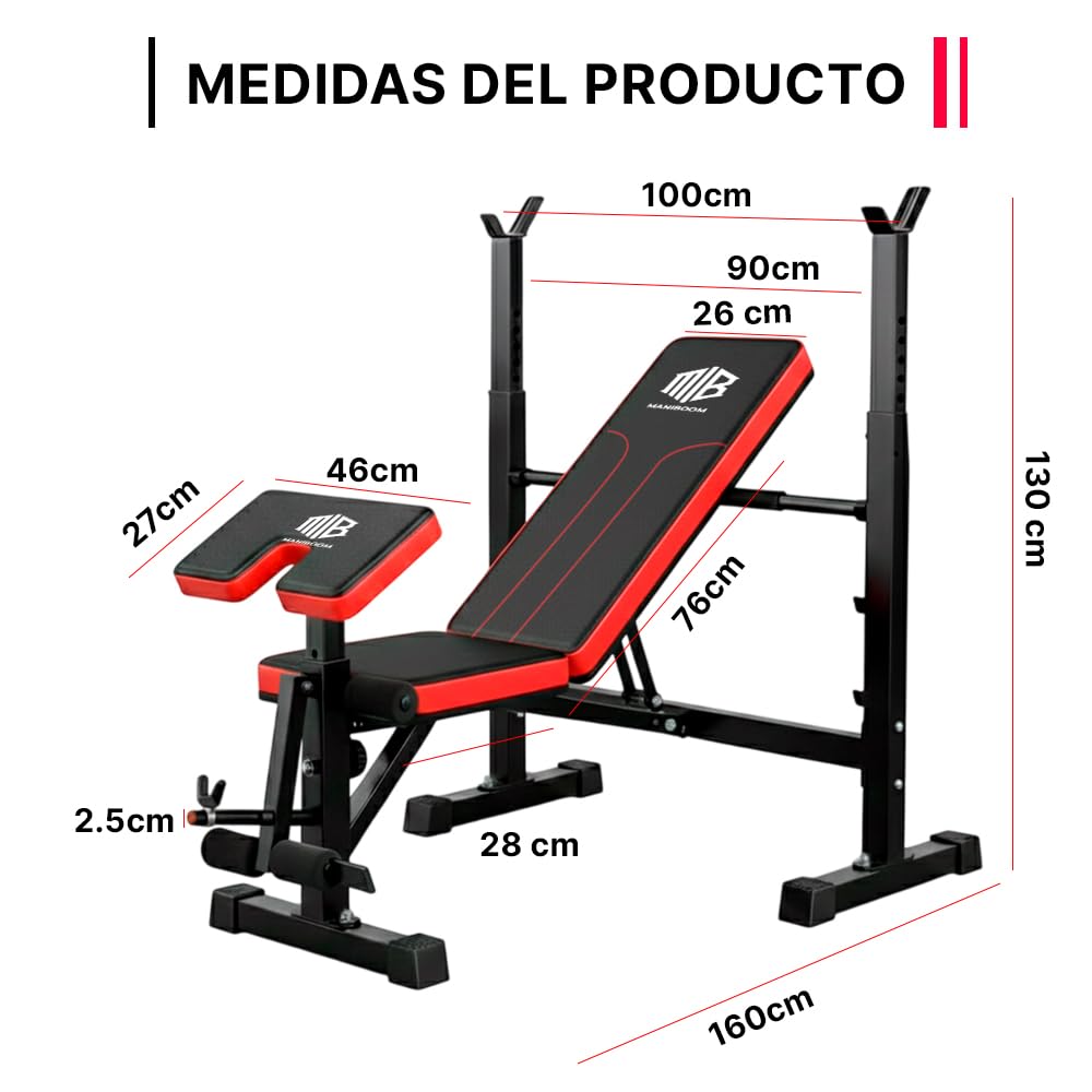 ManiBoom Banco de Musculación PLEGABLE y AJUSTABLE – Banco de Pesas Multifuncional con Soporte para Barra, Carga Máxima 300 kg y Banco de Abdominales Estable para Entrenar en Casa