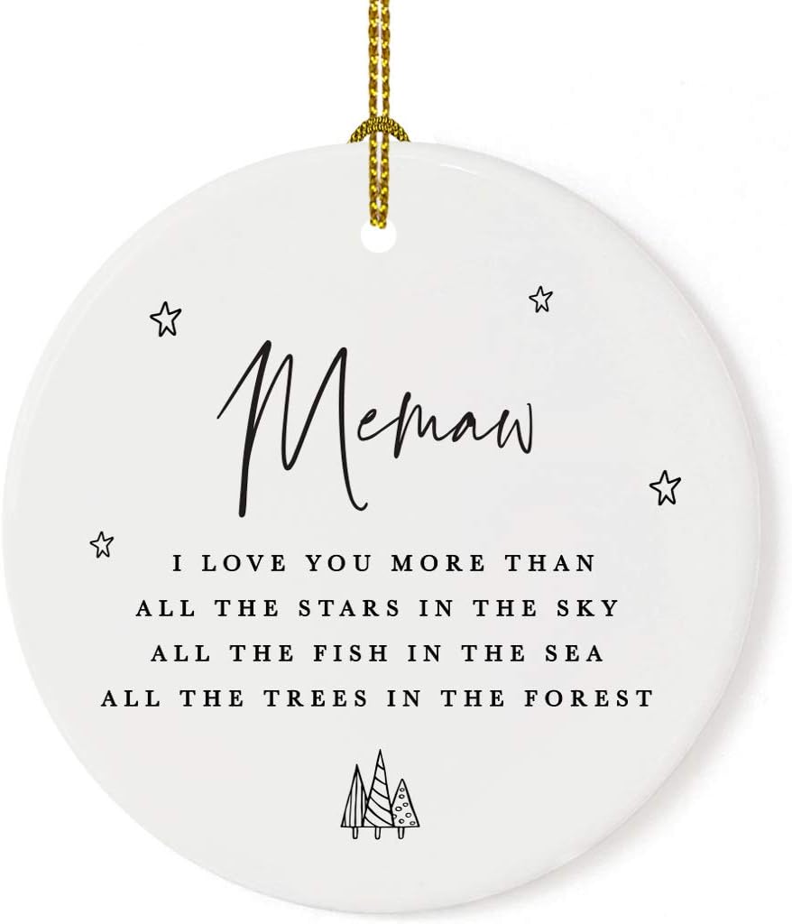 Andaz Press Round Ceramic Porcelain Christmas Tree Ornament Keepsake Collectible, Memaw, I Love You More Than All The Stars in The Sky, All The Fish in The Sea, 1-Pack Memaw Ornament