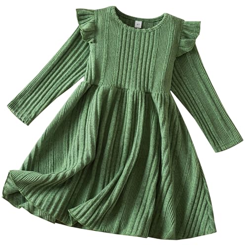 Girls Christmas Dress Long Sleeve Princess Vintage Knit Sweater Dresses Ruffle Swing Holiday (Green, 5 Years)