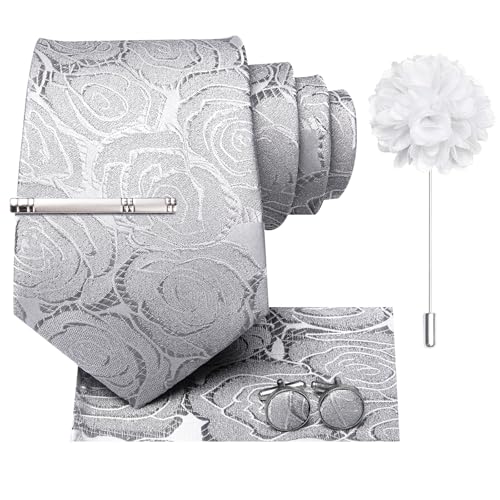 Image of Hi-Tie Silver Grey Floral Ties Set for Men Silk Jacquard Necktie and Pocket Square Lapel Pin Silver Tie Clip Cufflinks Set Wedding Business 6PCS