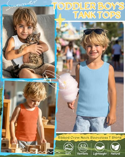 Image of 4 Pack Toddler Boys Cotton Tank Tops | Ribbed, Sleeveless T-Shirts, Summer Undershirts, Slim Fit, Crewneck, Layering, Sizes 18M-5T