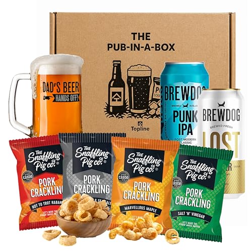 Crackling & Craft Beer Gift Set - Randomly Selected 4 Snaffling Pig Pork Cracklings 2 x 440ml Ipa Lager Beers & Beer Tankard. Great Birthday Gifts for Men Fathers Day (1 Hamper)