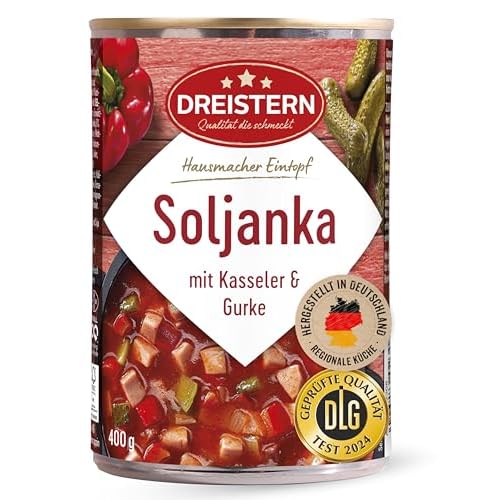 DREISTERN Soljanka 400g I Mit Kasseler & Gurke I Herzhafter Eintopf in recyclebarer Konservendose I Lange Haltbarkeit dank natürlicher Konservierung I Hausmacher Qualität