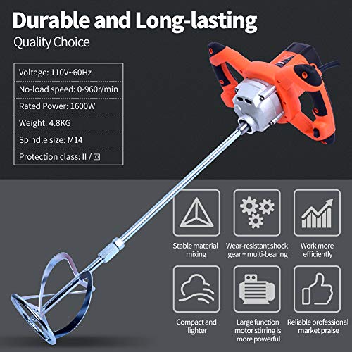 1600W Portable Electric Concrete Cement Plaster Grout Paint Thinset Mortar Paddle Mixer Pro Drill Mixer Stirring Tool Adjustable 6 Speed Handheld Standard 110V (1600W Orange)