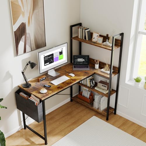 DUMOS L Shaped Desk Corner Computer Table 47 Inch, L-Shaped Gaming Desks with Storage Shelf Reversible, Wood Tables with Side Bag Adjustable Feet for 2 Monitors Small Space Home Office Bedroom, Brown