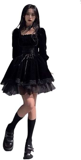 Gothic Black Kawaii Lolita Dress Women Lace Y2k Party Mini Dress Velvet Elegant France Vintage Dress Color Black, Size X-Large