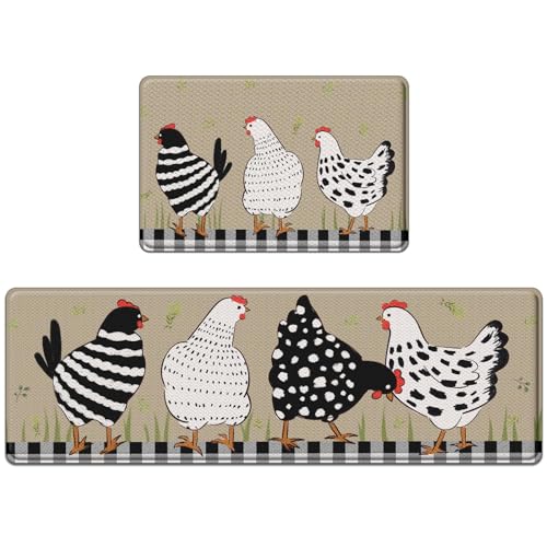 Nesphy Anti-Fatigue Rooster Kitchen Rug Set of 2 Cushioned Chicken Rug for Floor, Farmhouse Standing Mat Waterproof Non-Slip Mat PVC Ergonomic Comfort Foam Kitchen Decor
