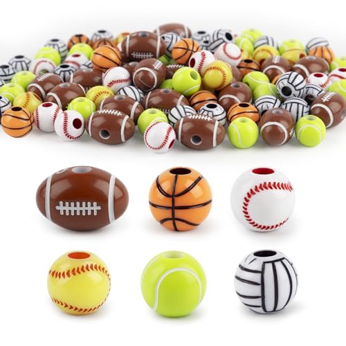 AUEAR 100 Pack 12mm Boys Friendship Sports Beads Football Baseball Tennis Ball Volleyball Basketball for Jewelry Making Craft Decor DIY