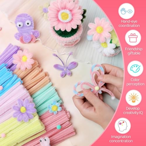 Image of DIY Pastel Pipe Cleaner Flower Bouquet Kit (100 Pcs Stems + Full Accessories) - 6 Pastel Shades with 100 Stamens, 5 Floral Stems, 1 Floral Tape, 25 Pearls & Ribbon for Handmade Crafting & Gifts