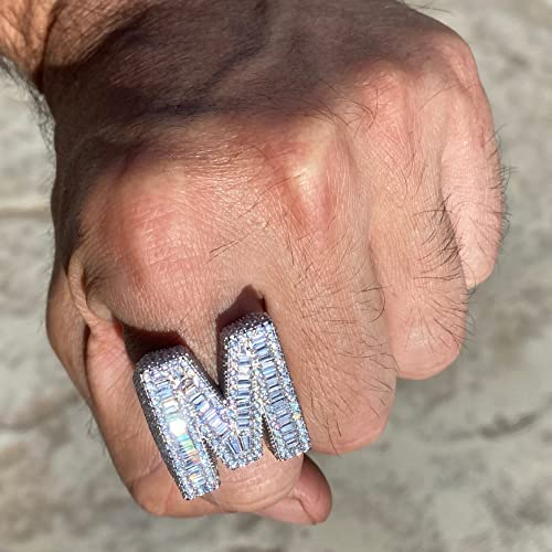 Silverdia Initial Iced Out Baguette Cut Diamond Custom Letter M Hip Hop Jewelry Ring For Men 14K White Gold Plated Word Logo Ring 925 Sterling Silver Handmade Hip Hop Ring Striking Gift For Him #TOP1