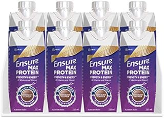 Ensure Max Protein  Nutritional Shake for Adults with 30g of Protein, 26 Vitamins and Minerals, Low in Sugar, Low Fat, Gluten Free, Chocolate Flavour, Bottle of 330 ml - Pack of 8 Units