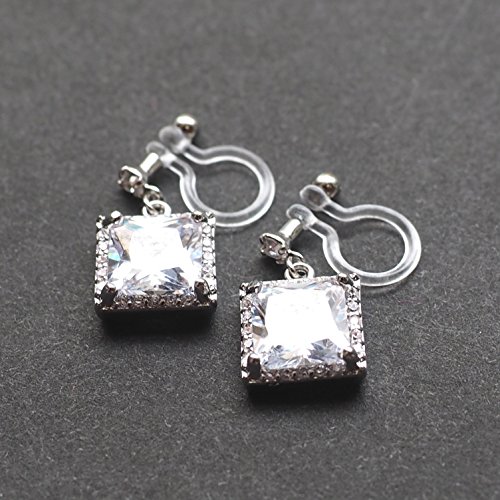 Miyabi Grace Women's Square Wedding Bridal Cz Crystal Cubic Zirconia Invisible Clip On Earrings Silver Tone #TOP6