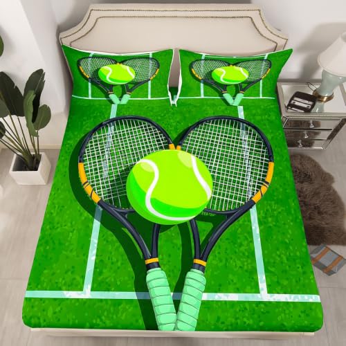 Crossed Tennis Racket Fitted Sheets Full Size (No Flat),Cartoon Ball Bedding Set 3Pcs,Kids Teens Woman Room Decor,Green Tennis Court Bed Sheet Summer Gaming Sports Deep Pocket Sheet,2 Pillowcases