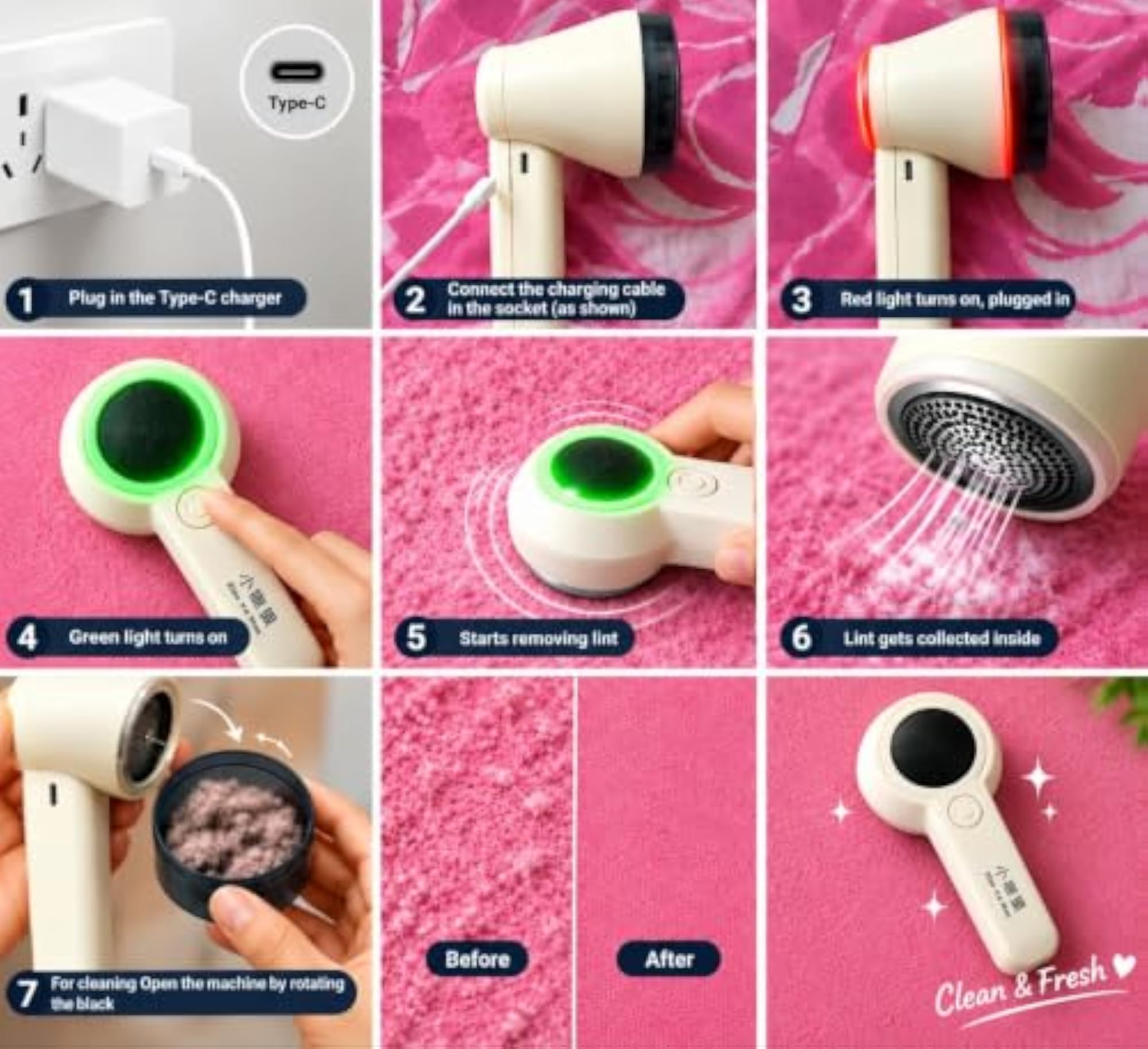 Type-C Powered Electric Lint Remover with Nylon Brush