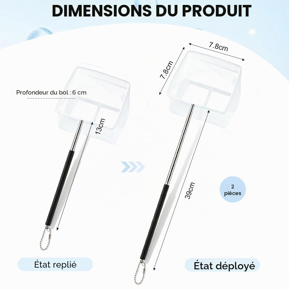 2 Pièces Epuisette Aquarium Petite,Epuisette Peche avec Poignée Extensible,HMCEY épuisette Bassin,Filet de Pêche Télescopique,Filet Papillon Enfant,Fish Net pour Petits Étangs à Koï et Piscines