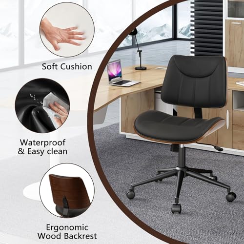 Image of CLATINA Office Chair Armless with Wheels, Mid-Century Modern Walnut Desk Chair, Adjustable Height Reading Chair, PU Leather Mid Back & Swivel Computer Chairs for Home Meeting Room Bedroom, Black(1 PK)