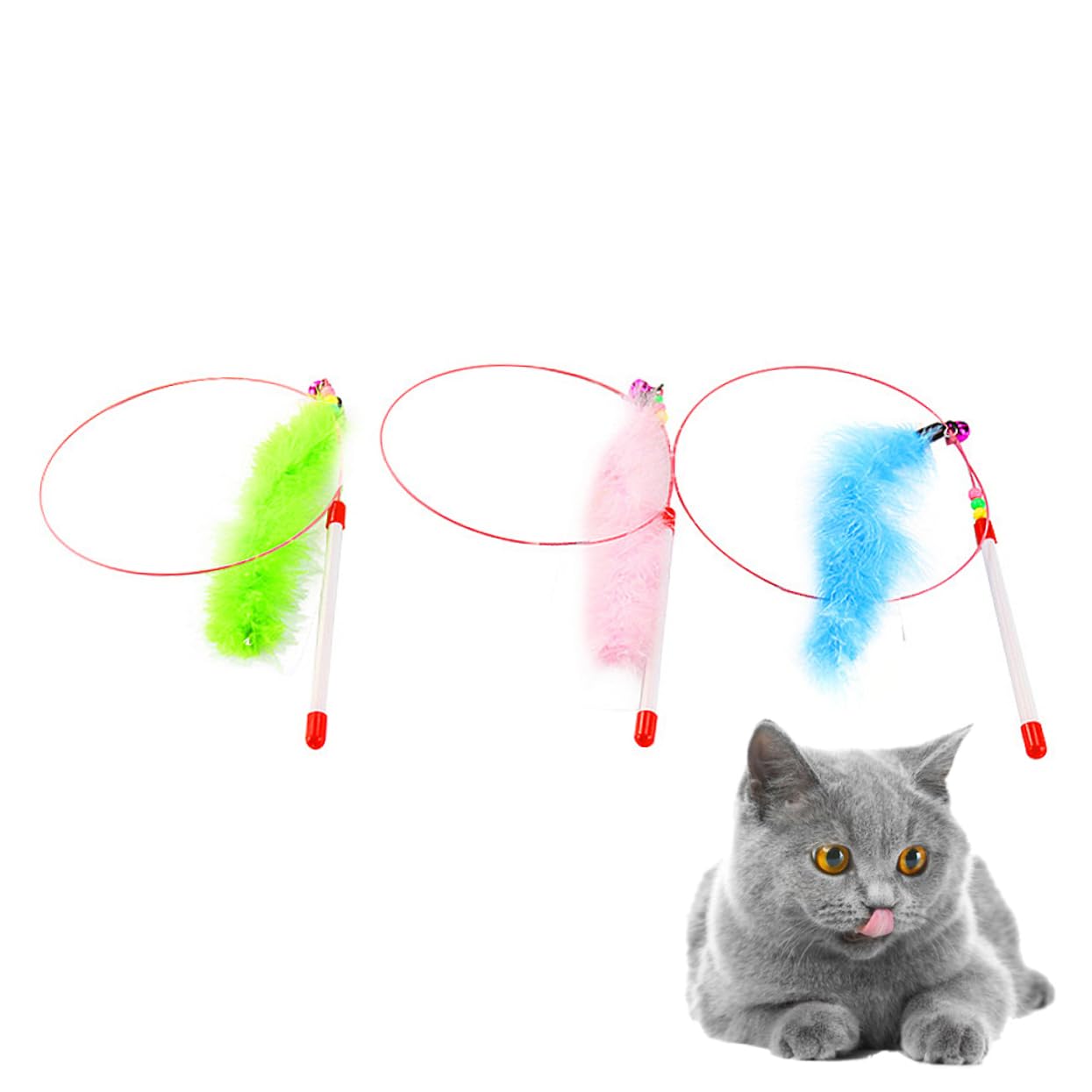 Garneck 3 Pcs Cat Feather Teaser Wand Colorful Interactive Steel Wire with Plastic Handle for Engaging Playtime Bonding with Cats for Home Entertainment Random Color