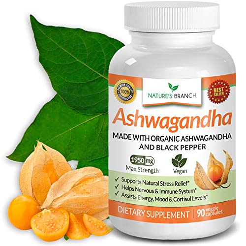 Organic Ashwagandha Capsules with Black Pepper - 1950mg Maximum Strength - Stress Relief