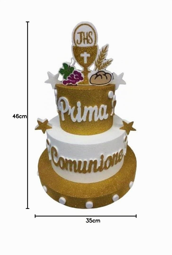 TORTA SCENOGRAFICA PRIMA COMUNIONE CON CALICE IN POLISTIROLO DECORAZIONI A TEMA 46 CM ALTA, 35 CM DIAMETRO