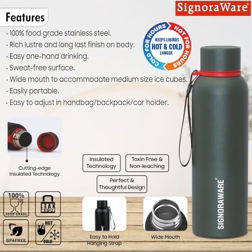 Image of SignoraWare Parkour Vacuum ISI Certified Stainless Steel Bottle With Hanging Strip | Airtight & Leakproof | Easy To Clean | Lightweight | Ideal for School, Office, Gym Or Outdoors (900ml | Green)