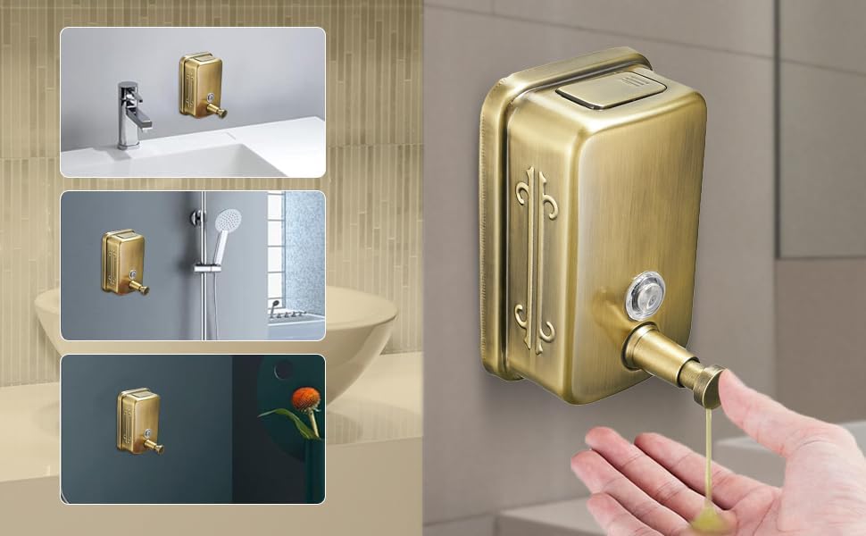 Gold Commercial Soap Dispenser Wall Mount Stainless Steel Soap Dispenser for Bathroom Rust-Proof Lining Liquid Hand Sanitizer Dispenser for Hotels Restaurants Bathroom and Home 500ml/17oz - Image 4