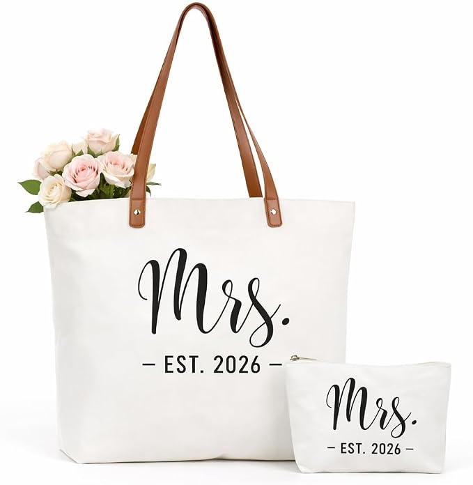 Lamyba Bride Tote Bag – Mrs EST 2026 White Tote with Zipper, Bridal Shower Gift for Bride, Wedding Day & Honeymoon Bag, Bride to Be Gift
