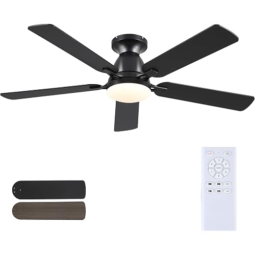 Mpayel 52 Inch Ceiling Fans with Lights and Remote, Black Ceiling Fan with Light Flush Mount, Low Noise, Reversible, Dimmable, Modern Low Profile Ceiling Fan with Light for Bedroom Indoor Outdoor