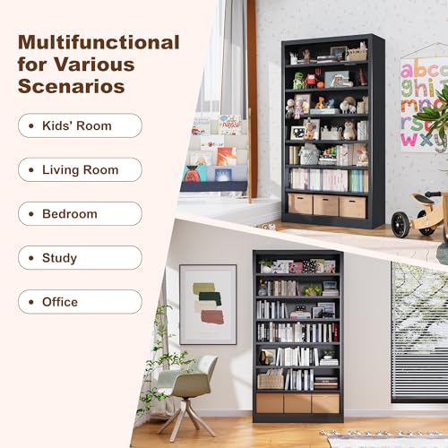 Image of 55 inch Media Storage Cabinet, Metal CD Storage Rack with 6 Adjustable Shelves, Large DVD Storage Shelf Rack for Living Room, Home Entertainment (Black)