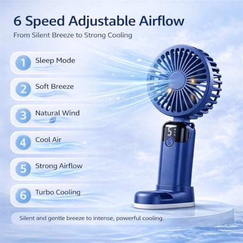 Image of One94Store Rechargeable Handheld Fan with 1800mAh Battery, 4-5 Hours Battery Backup, 6 Speed Touch Control, Portable Mini Fan with Mobile Stand for Travel, Office, Home & Outdoor Use (Blue)