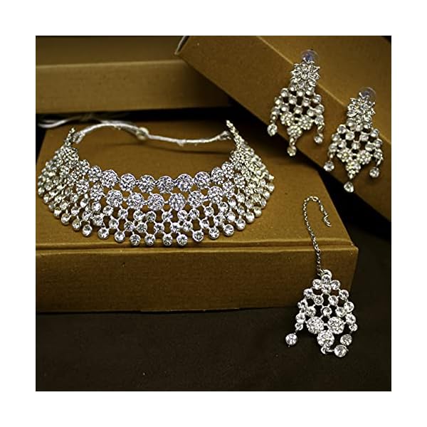 SAIYONI Womens Dazzling Silver Plated Austrian Diamond Choker Necklace Set - Image 4