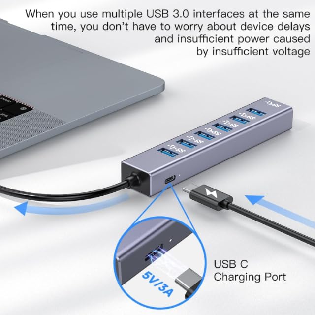 Image of AMUH07C USB-C to 8 in 1 Multifunction Hub USB 3.1, USB3.0 X 7: 5Gbps;USB C X 1:5v /3a Extra Power, Wide Compability: Laptop, PC Tower, Flash Drive, Keyboard, Mouse, Card Reader & More.