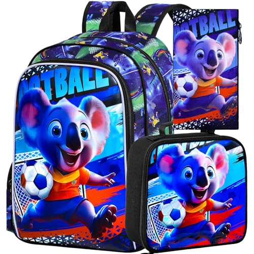 Image of 16 inch Koala Soccer Backpack Set for Boys 4-8, 3Pcs Preschool Bookbag with Football Lunch Box, Durable School Bag (Blue)