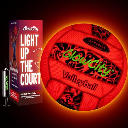 GlowCity Soft Mesh LED Volleyball - Size 5 Light Up Glow in The Dark Volleyball with Pump and Batteries Water-Resistant for Beach and Pool Play Great Gift in a Colorful Box