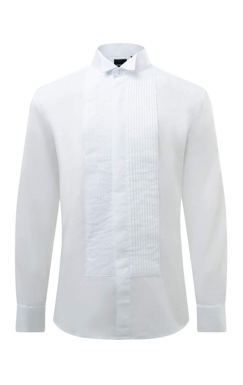 Dobell Mens White Dress Shirt Slim Fit 100% Cotton Wing Collar Pleated Fly Front Double Cuff-15.5
