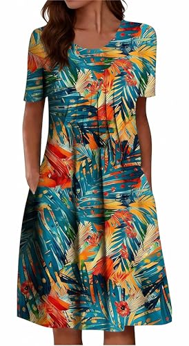 Image of LOVESHOOT Womens Summer Midi Dress 2026 Casual Short Sleeve A Line Dress with Pockets Evening Wedding Guest Work