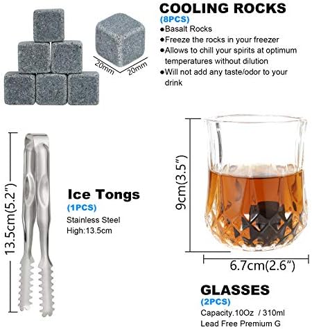 Whisky Stones Gift Set with Glasses, Whiskey Chilling Rocks Gift Set of 8 Whisky Granite Chilling Stones and 2 Whiskey Glasses in a Gift Box Perfect for Dad Husband Christmas Birthdays Gifts
