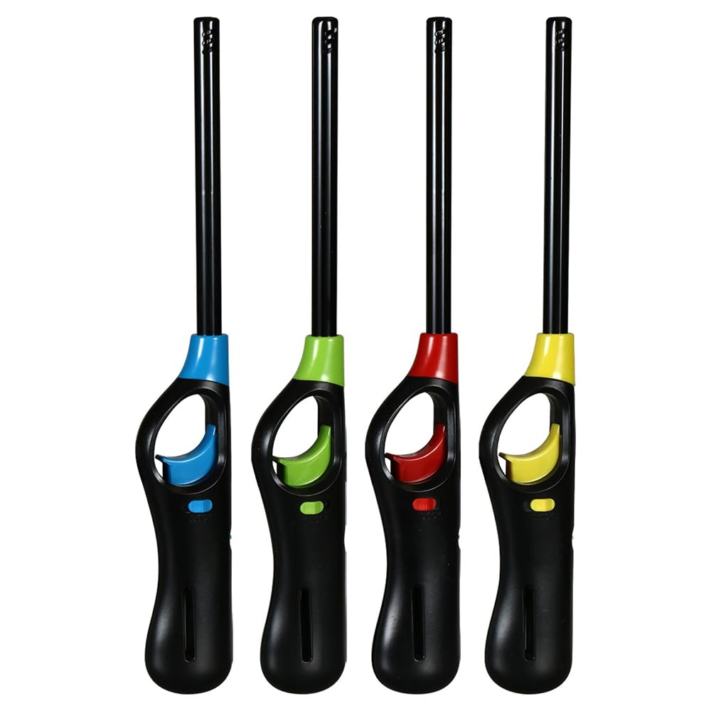One Best Deal Multi Colour Obd 4 X Candle Lighter Refillable Gas Long Reach Fire Lighters Windproof Adjustable Flame Safety Lighters For Kitchen Bbq Fireplace Cookers And Outdoor Use (Assorted Colours)