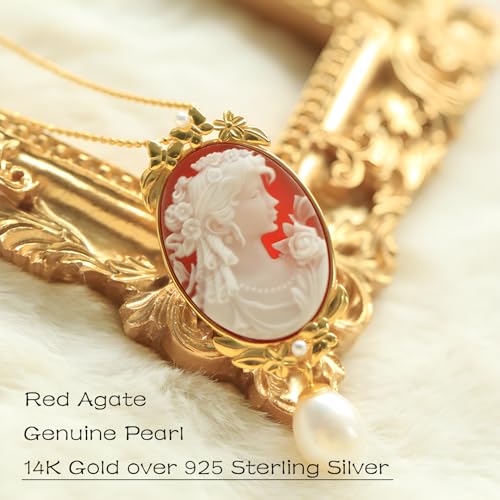 Cameo Pendant Necklaces Antique, Necklace/Brooch Women's Agate Cameo in 14K Gold Frame with Freshwater Pearl Vintage Jewelry Gifts2
