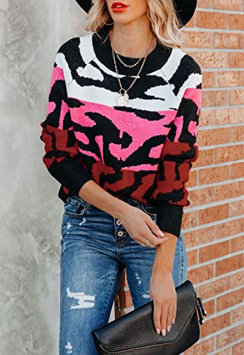 Image of ANCAPELION Women's V Neck Sweater Pullover Leopard Long Sleeve Basic Color Block Jumper Casual Knitted Tops