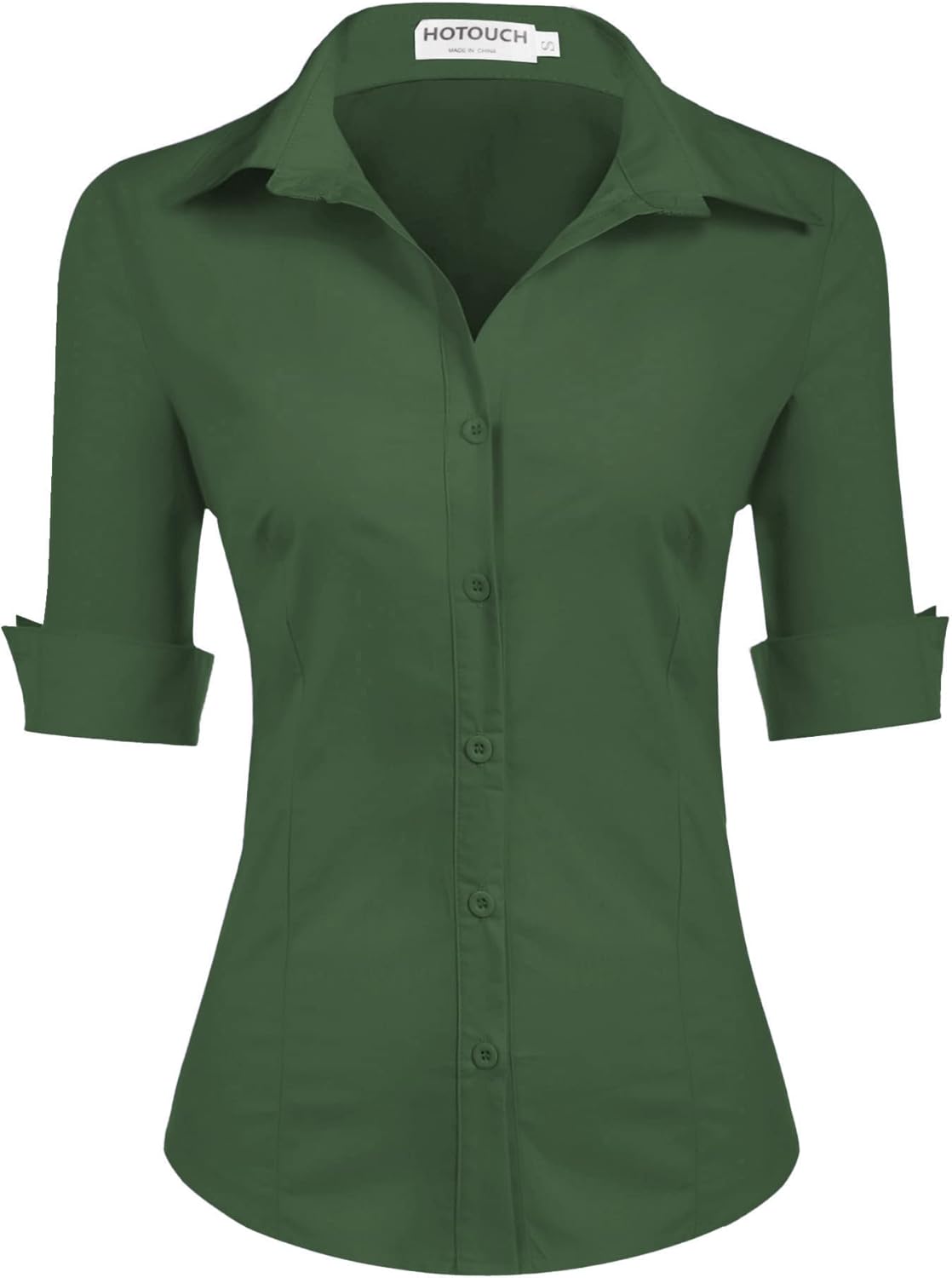 HOTOUCH Womens 3/4 Sleeve Button Down Shirt Slim Fit Work Blouses Cotton Dress Shirts Office Tops