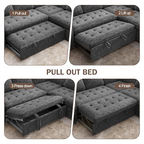 Image of Vipbear Chenille 80 Inch Modular Sectional Sofa with Pull Out Bed, L Shaped 5 Seat Sectional Sofa with USB Ports /Reclining Backrest /Storage Seats, Tool-Free Assembly, Couches for Living Room Dark Grey